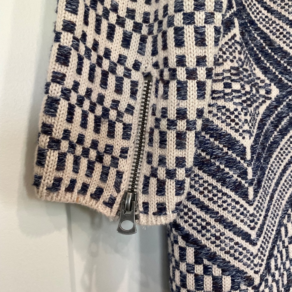 Lucky Brand Open Front Cardigan Women Medium Blue Cream Woven Fringe Aztec - Picture 6 of 16